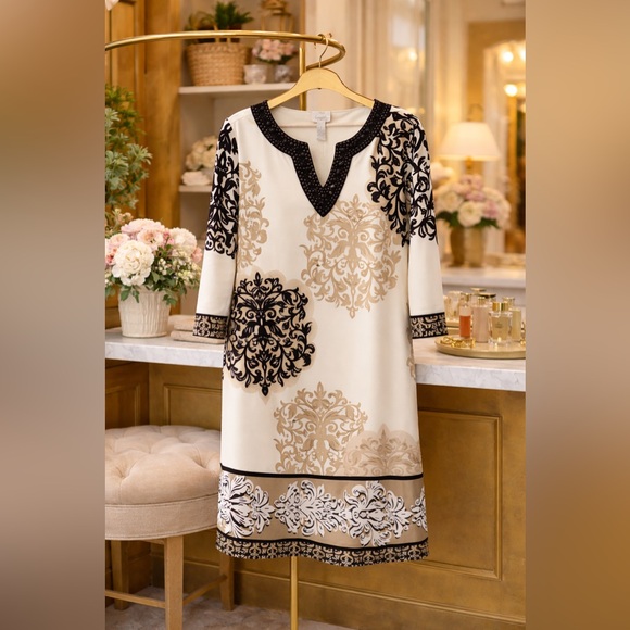 Chico's Dresses & Skirts - Chico’s Cream & Black Damask Beaded V-Neck Shift Dress Size 1 (M)